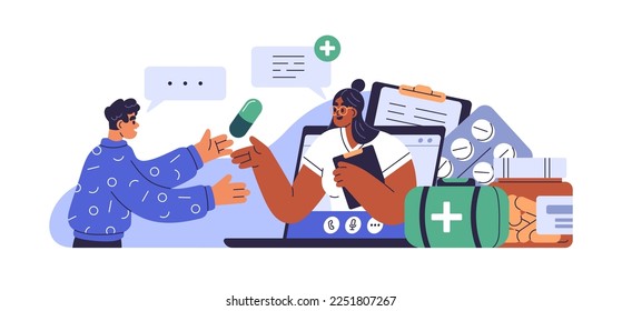 Online pharmacy, medicine prescription, medical pharmaceutical help concept. Internet communication with pharmacist in virtual drug store. Flat graphic vector illustration isolated on white background