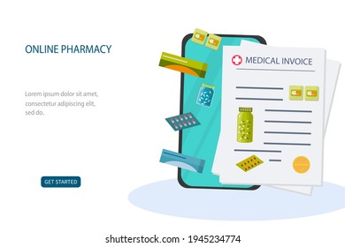 Online pharmacy. Medicines in a blister pack. phone and invoice for payment. The concept of healthcare, online ordering or buying medicines over the Internet. Template. Vector.