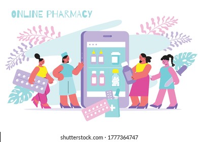 Online pharmacy menu on smartphone screen flat composition with people choosing medication holding pills drops vector illustration