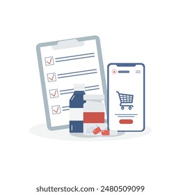 Online-Apotheke in einer mobilen App auf weißem Hintergrund. Smartphone, Einkaufsliste, medizinische Hilfsmittel, Flaschen mit Flüssigkeiten und Pillen. 