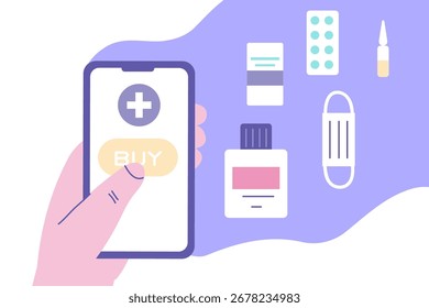 Conceito de aplicativo móvel de farmácia online. Mão humana com smartphone encomendar suprimentos médicos, garrafas, líquidos e pílulas em ilustração de vetor de página web loja de drogas