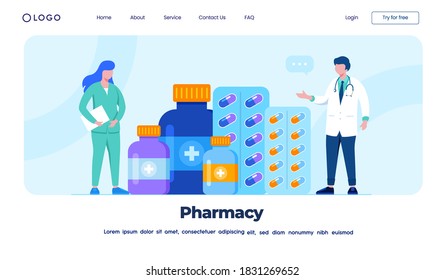 Online Apotheke mit Handy einfache Bestellung und virtuelle Beratung mit Arzt. flache Vektorgrafik, geeignet für Flyer, Banner und Landing