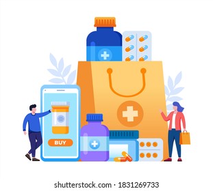Online pharmacy with mobile phone easy order to marketplace. flat vector illustration fit for flyer, banner and landing page