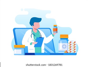 Online pharmacy with mobile phone easy order and virtual consultation with doctor. flat vector illustration fit for flyer, banner and landing page