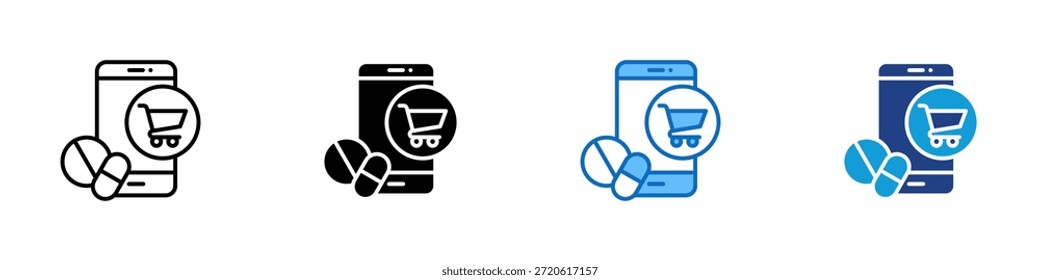Online Pharmacy Multiple Style Icon Design Vector - Smartphone with pills and a shopping cart symbol, representing online medicine purchase or e-pharmacy