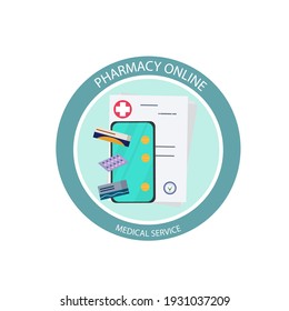 Farmacia en línea en una etiqueta adhesiva redonda. Etiqueta de información médica para pedidos y compras de medicamentos en línea. La receta del doctor, pastillas y teléfono. Servicio médico. Imagen vectorial.