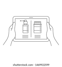 Online pharmacy on tablet icon. Outline online pharmacy on tablet vector icon for web design isolated on white background