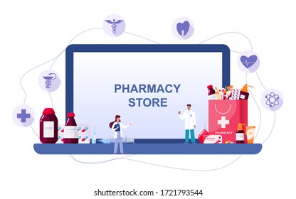 Online pharmacy on web device screen. Medicine and healthcare. Online drugstore web banner or website interface idea. Isolated vector illustration