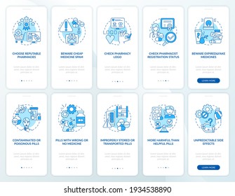 Online pharmacy onboarding mobile app page screen with concepts. Beware cheap medicine spam walkthrough 10 steps graphic instructions. UI vector template with RGB color illustrations