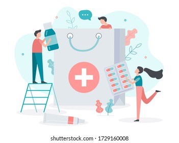 Online pharmacy. Order and delivery of medicines to your home. Pharmacists get the drugs in the package. Medical concept. Flat vector illustration.
