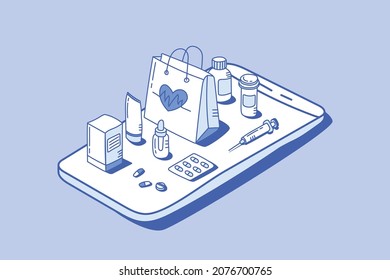 concepto de ecommerce de pedidos de farmacia en línea con estilo isométrico de contorno