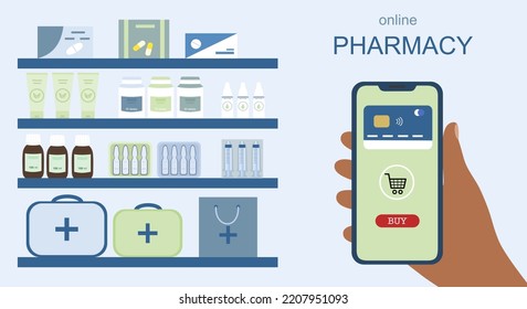 Farmacia en línea. Pedidos online y compras. Pago con tarjeta inteligente. Estilo plano. Ilustración del vector 
