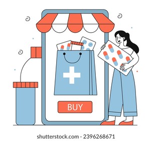 Online pharmacy outline concept. Woman with pills and medicines near online pharmacy store or shop. Electronic commerce. Linear flat vector illustration isolated on white background