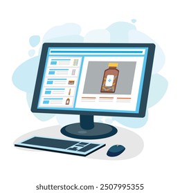 Online pharmacy page is opened on a computer monitor. Health and medicine. Ordering medicines via an online application on a smartphone, tablet or computer. Medicine at home. Vector illustration