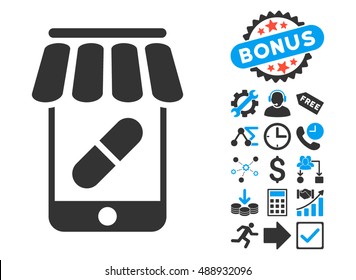 Online Pharmacy pictograph with bonus design elements. Vector illustration style is flat iconic bicolor symbols, blue and gray colors, white background.