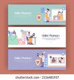 Online pharmacy posters. Virtual healthcare service for sale and delivery medical drugs and tablets. Vector banner with flat illustration of pharmacist, doctor with prescription and patient