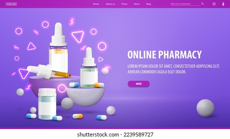 Online pharmacy, purple banner with offer, semicircular pedestals with medications and bouncing spheres around.