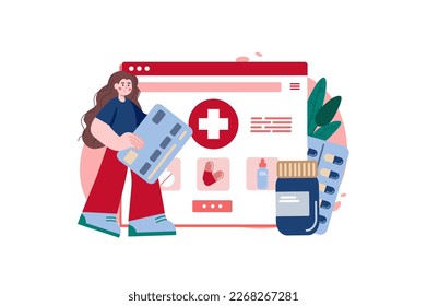 Online pharmacy red concept with people scene in the flat cartoon style. Girl want to buy some pills on the online pharmacy using online banking. Vector illustration.