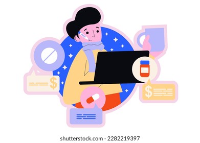 Online pharmacy round concept with people scene in the flat cartoon design. Sick man orders medicine from an online pharmacy so as not to leave the house. Vector illustration.