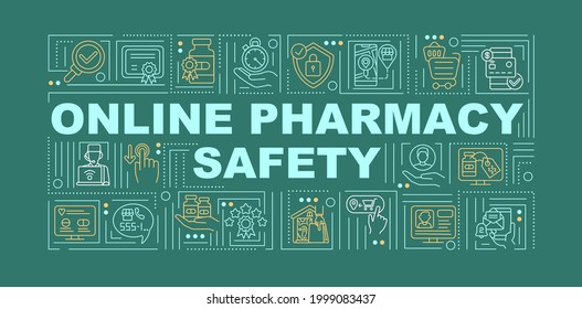 Online pharmacy safety word concepts banner. Cybersecurity, purchase medicament. Infographics with linear icons on green background. Isolated typography. Vector outline RGB color illustration