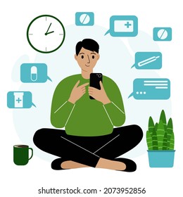 Online pharmacy service banner with person using mobile to buy medicines on website. A man sits cross-legged with a mobile phone. Vector flat illustration