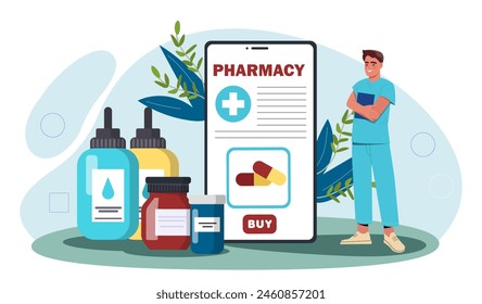 Online pharmacy service with a man, medication bottles, and a smartphone with an app interface on a light background, concept of healthcare. vector illustration
