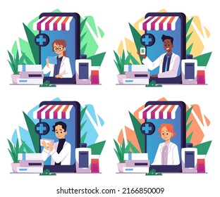 Online pharmacy set flat style, vector illustration isolated on white background. Mobile app for buying medicine products, people read prescriptions for drugs, medicine shopping