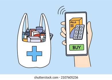 Online pharmacy and shopping concept. Human hand holding smartphone with buy button on screen and bag with pharmacy treatments medicines vector illustration 