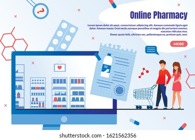 Online Pharmacy Shopping Service Trendy Flat Vector Web Banner, Landing Page Template. Happy People, Couple Searching, Choosing and Purchasing Pharmaceutical Products in Internet Store Illustration