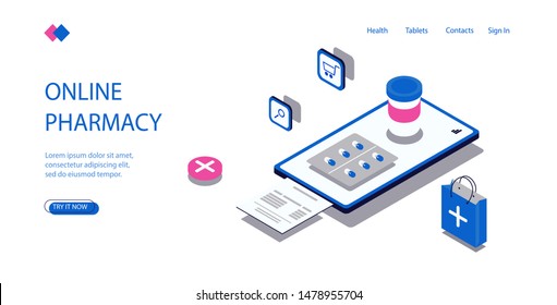 Online pharmacy shopping. Visualization on screen mobile phone the tablets and package, modern concept medicine, receipt of check, search for drugs online. Vector isometric illustration.