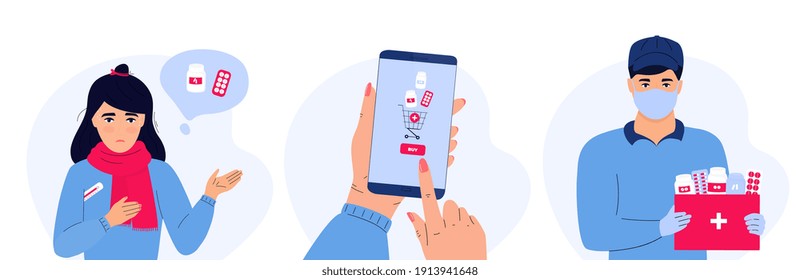 Online pharmacy. Sick Girl with a fever and a sore throat  Holds a Thermometer and thinks about medicaments. Hand holds smartphone to buy pills. Delivery man in protective mask holds a medicine box