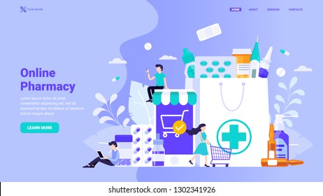 Online pharmacy site design concept. Flat vector illustration with small characters for web site design, banner, landing page. Buy medicaments and drugs online. E-commerse site design.