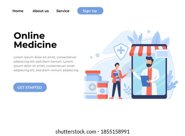 Online pharmacy site design concept. Flat modern vector illustration for web site design, banner, landing page. Buy medicaments and drugs online. E-commerse site design