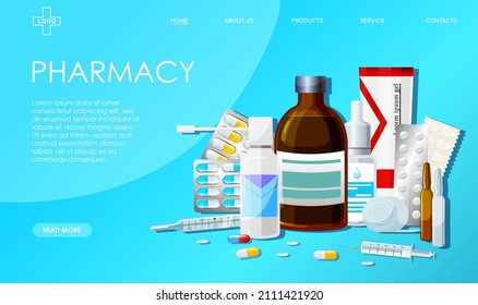 Online pharmacy site, digital drugstore, medical, medicine mobile application concept. Medication, stethoscope, thermometer, vaccine, drops, enema, patches, mask, blue background. Vector illustration