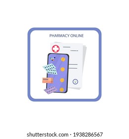 Online pharmacy. Sticker. A label with medical information on the wall, website, for ordering, paying and buying drugs on the Internet. Doctor's prescription, pills and phone. Medical service. Vector