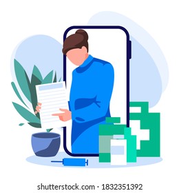 Konzept des Online-Apothekers. Apotheker bietet Beratung in Online-Apotheke. Arzt hilft bei der Bestellung von Medikamenten und Medikamenten flache Vektorgrafik