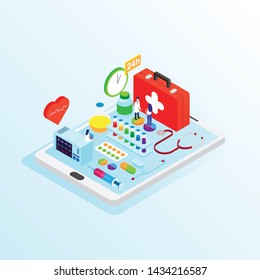 Online Pharmacy store concept. Usable as web banner, infographics, social media post. Flat isometric design vector illustration. 