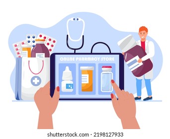 Online pharmacy store concept vector. Pharmacist holding  medications.  Pharma sopping bag with medical pills, drops. Online drugstore website interface, homepage.