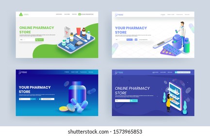 Online Pharmacy Store landing page design with medical elements in four option.