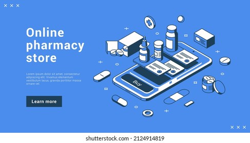 Online pharmacy store landing page vector isometric illustration. Internet promo advertising medical pharmaceutical digital shop with smartphone medicines user interface homepage with place for text