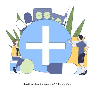 Online pharmacy store simple. Man and woman near drugs and pills. Health care and medicine, treatment. Pharmacy store or shop. Doodle flat vector illustration isolated on white background