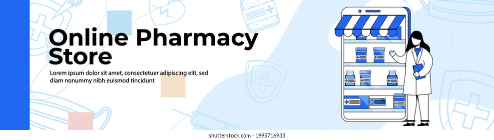 Online pharmacy store Web Banner Design header or footer banner.