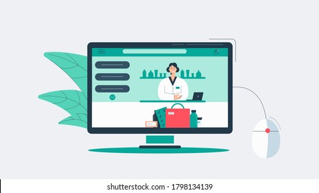 Online pharmacy store. Web purchases and patient consultations with modern drug store website treatment of diseases and taking medications receiving pills injections without leaving vector house.