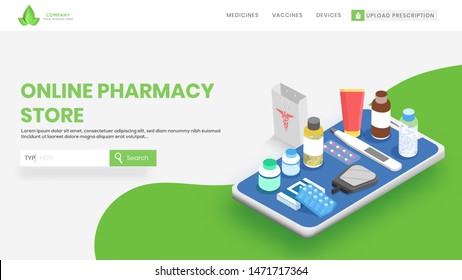 Online Pharmacy store website or landing page design with medicine shopping app in smartphone, 3D illustration.