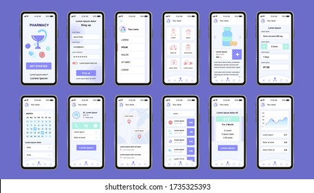 Online pharmacy unique design kit for app. Internet drugstore screens with medicaments description, store location and prices. Pharmacy store UI, UX template set. GUI for responsive mobile application