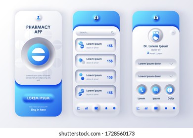 Online pharmacy unique neumorphic design kit for mobile app neumorphism style. Internet drugstore screens with medicaments. Pharmacy store UI, UX template set. GUI for responsive mobile application.