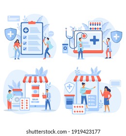 Vector de farmacia en línea. Ilustración vectorial plana con caracteres pequeños para diseño de sitios web, banner, página de inicio. Compra medicamentos y medicamentos en línea. Diseño de sitio de comercio electrónico.