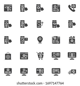 Conjunto de iconos vectoriales de farmacia en línea, colección moderna de símbolos sólidos, paquete pictograma estilo relleno. Señales, ilustración del logotipo. Set incluye iconos como entrega de medicamentos, sitio web médico, consulta al médico
