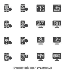 Online pharmacy vector icons set, modern solid symbol collection, filled style pictogram pack. Signs, logo illustration. Set includes icons as online medicine, medical service, emergency call service