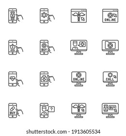 Juego de iconos vectoriales de farmacia en línea, colección moderna de símbolos sólidos, paquete de pictogramas estilo relleno. Señales, ilustración del logotipo. Set incluye iconos como medicina en línea, servicio médico, centro de llamadas de emergencia